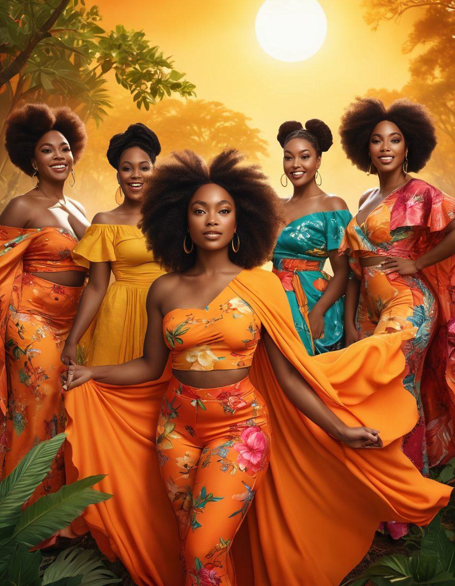 A powerful scene depicting a diverse group of Black women celebrating their beauty and confidence, radiating empowerment and joy. They are adorned in bright, flowing fabrics that highlight their unique styles, surrounded by nature's vibrant colors. The background features uplifting quotes about body positivity, creating a sense of community and strength. The lighting is warm, showcasing the richness of their skin tones. vibrant colors. super-realistic. 3D.