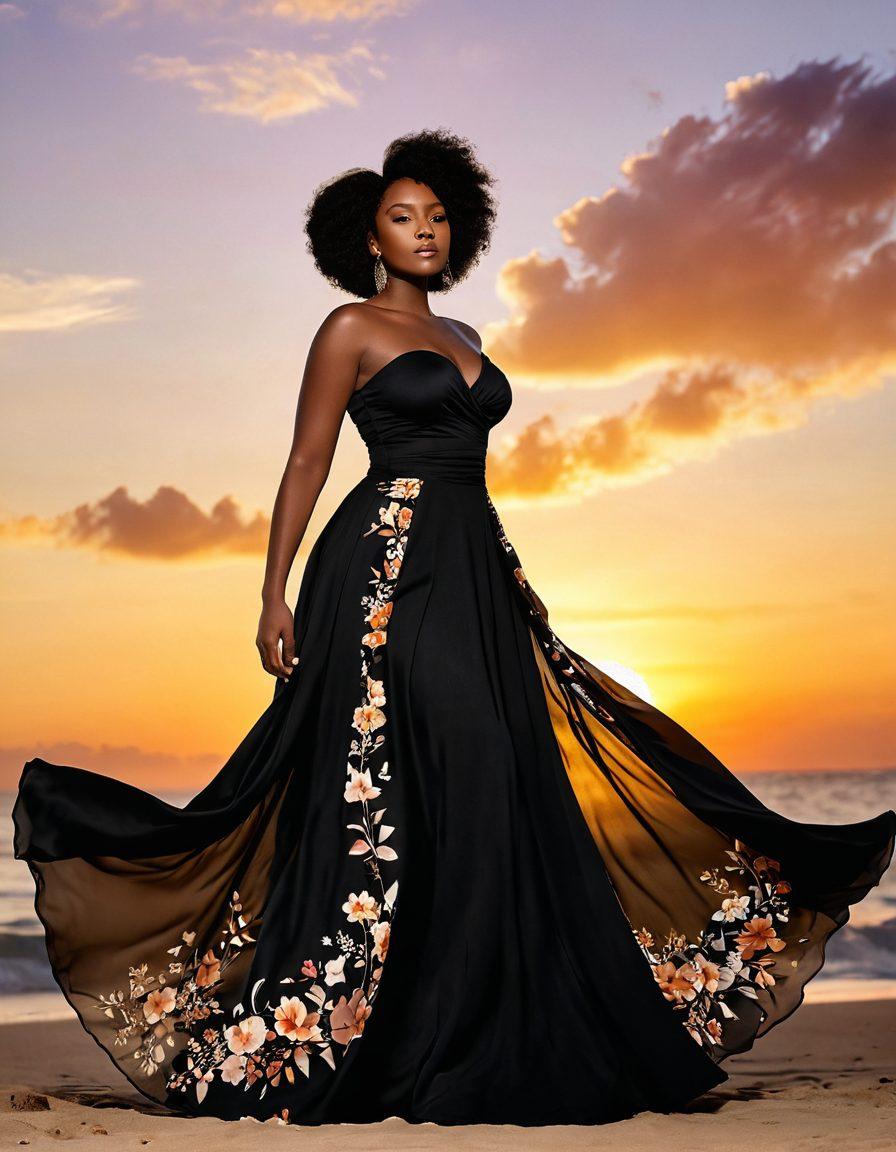 A stunning silhouette of a curvy Black woman in an elegant pose, showcasing her confidence and beauty against a dreamy sunset backdrop. Soft, flowing fabrics drape around her, enhancing her curves while she embodies grace and strength. Surrounding her are subtle floral elements and warm tones that evoke sensuality and empowerment. Emphasize natural beauty and self-love. vibrant colors. painterly style.