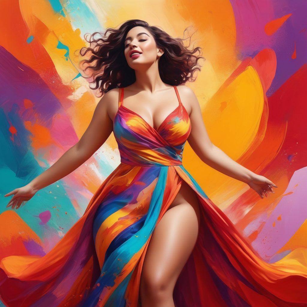 A vibrant scene showcasing a confident curvy woman celebrating her sensuality, surrounded by colorful abstract shapes representing empowerment and passion. She wears a dazzling dress that flows elegantly, exuding charm and strength. The background is filled with uplifting symbols of freedom and self-love, creating an atmosphere of bold celebration. Bright, warm colors emphasize joy and confidence. digital painting. vibrant colors. energetic composition.